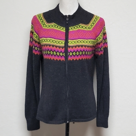 VINTAGE Alpaca Imports Pink Fair Isle Grey Wool Alpaca Full-zip Cardigan Sweater - Picture 2 of 12